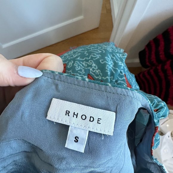 Rhode Mini Dress Velvet Plunge Neck Long Puff Sleeves Blue Horse Print Sz Small - Picture 3 of 9